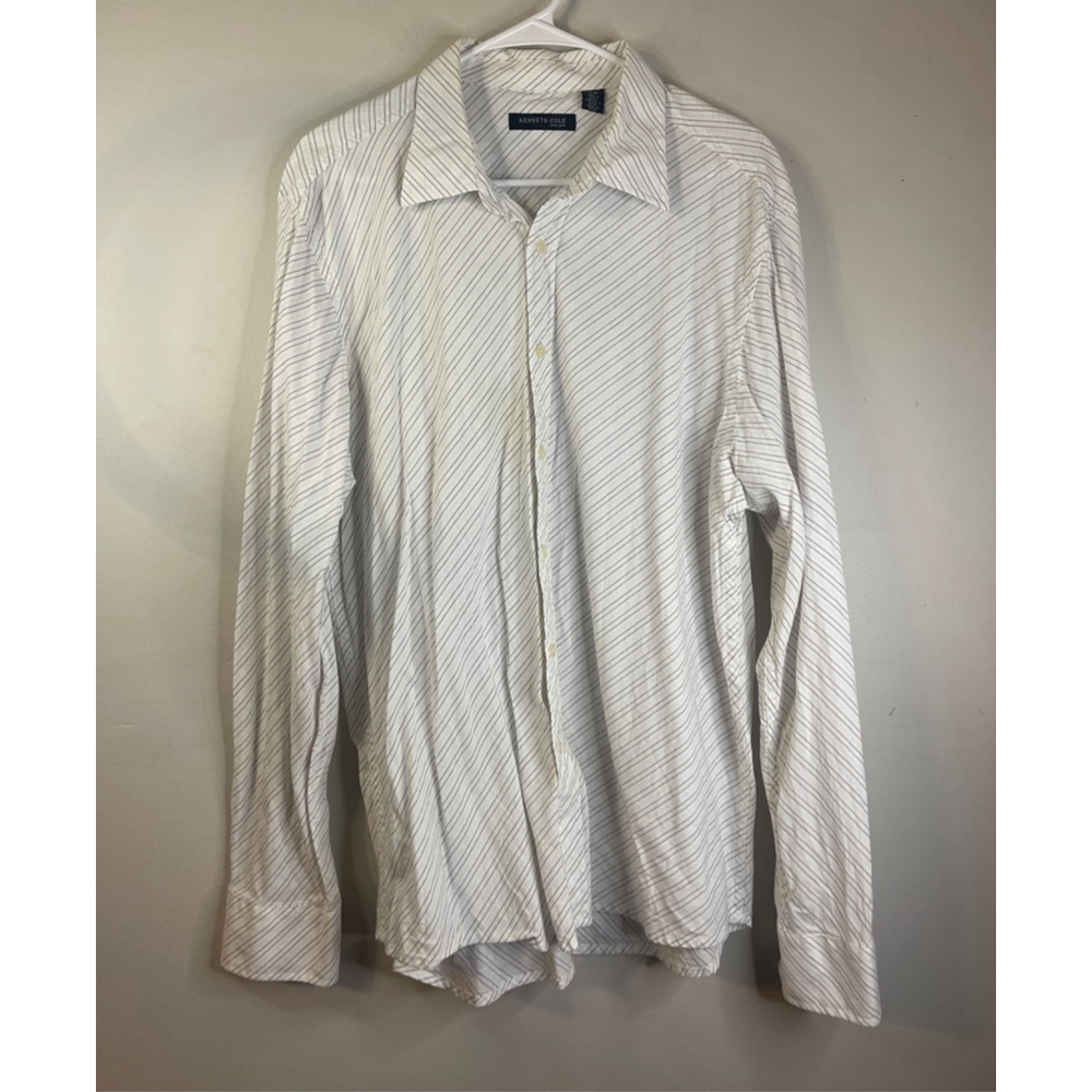 Men's Kenneth Cole Casual Button Down Shirt XL White with Black Stripes #119 🏷️